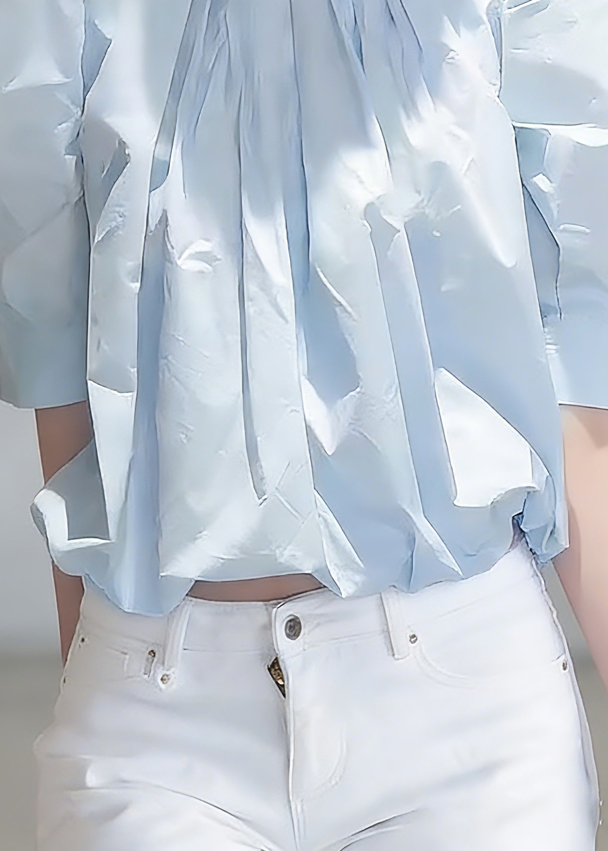 Fitted Blue Wrinkled Solid Top Short Sleeve