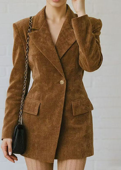 Fitted Brown Peter Pan Collar Button Blazer Jackets Coat Fall