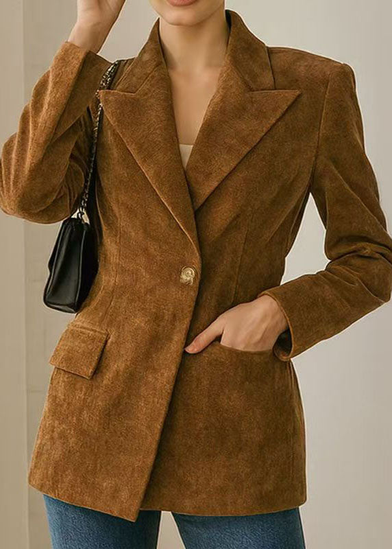 Fitted Brown Peter Pan Collar Button Blazer Jackets Coat Fall