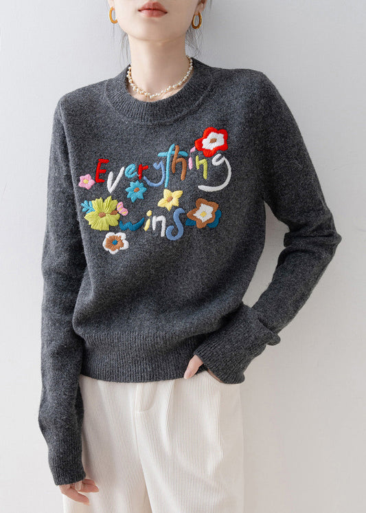 Fitted Charcoal Grey Embroidered Thick Knit Short Sweater Winter