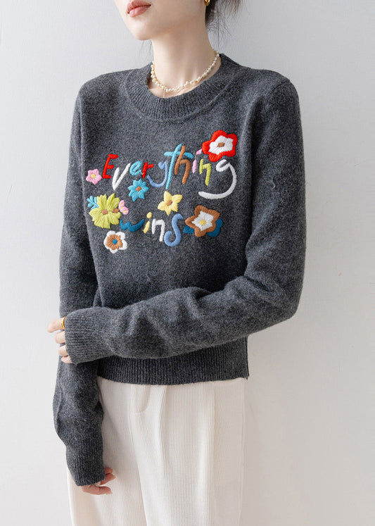 Fitted Charcoal Grey Embroidered Thick Knit Short Sweater Winter