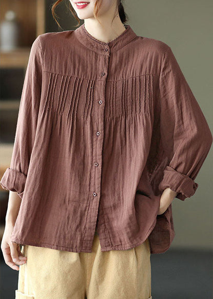 Tailliertes, schokoladenbraunes, lässiges Patchwork-Oberteil mit Falten im Herbst