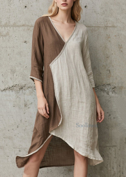 Figurbetontes, farblich abgesetztes, asymmetrisches Patchwork-Baumwollkleid mit Armbandärmeln