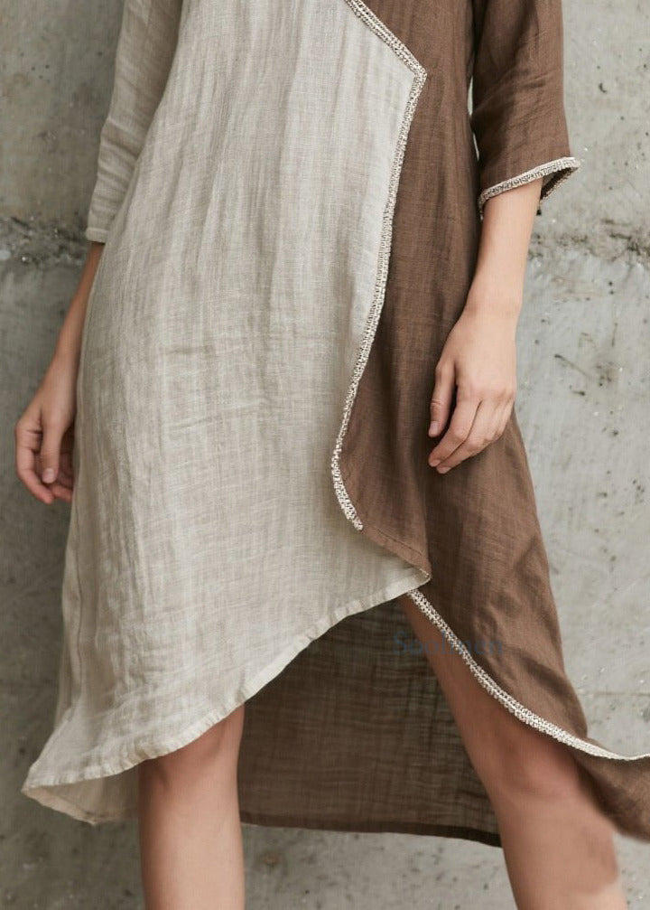 Figurbetontes, farblich abgesetztes, asymmetrisches Patchwork-Baumwollkleid mit Armbandärmeln