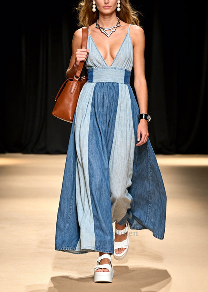 Fitted Colorblock Exra Large Hem Patchwork Denim Spaghetti Strap Dress Summer