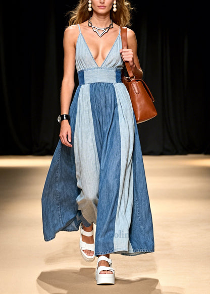 Fitted Colorblock Exra Large Hem Patchwork Denim Spaghetti Strap Dress Summer