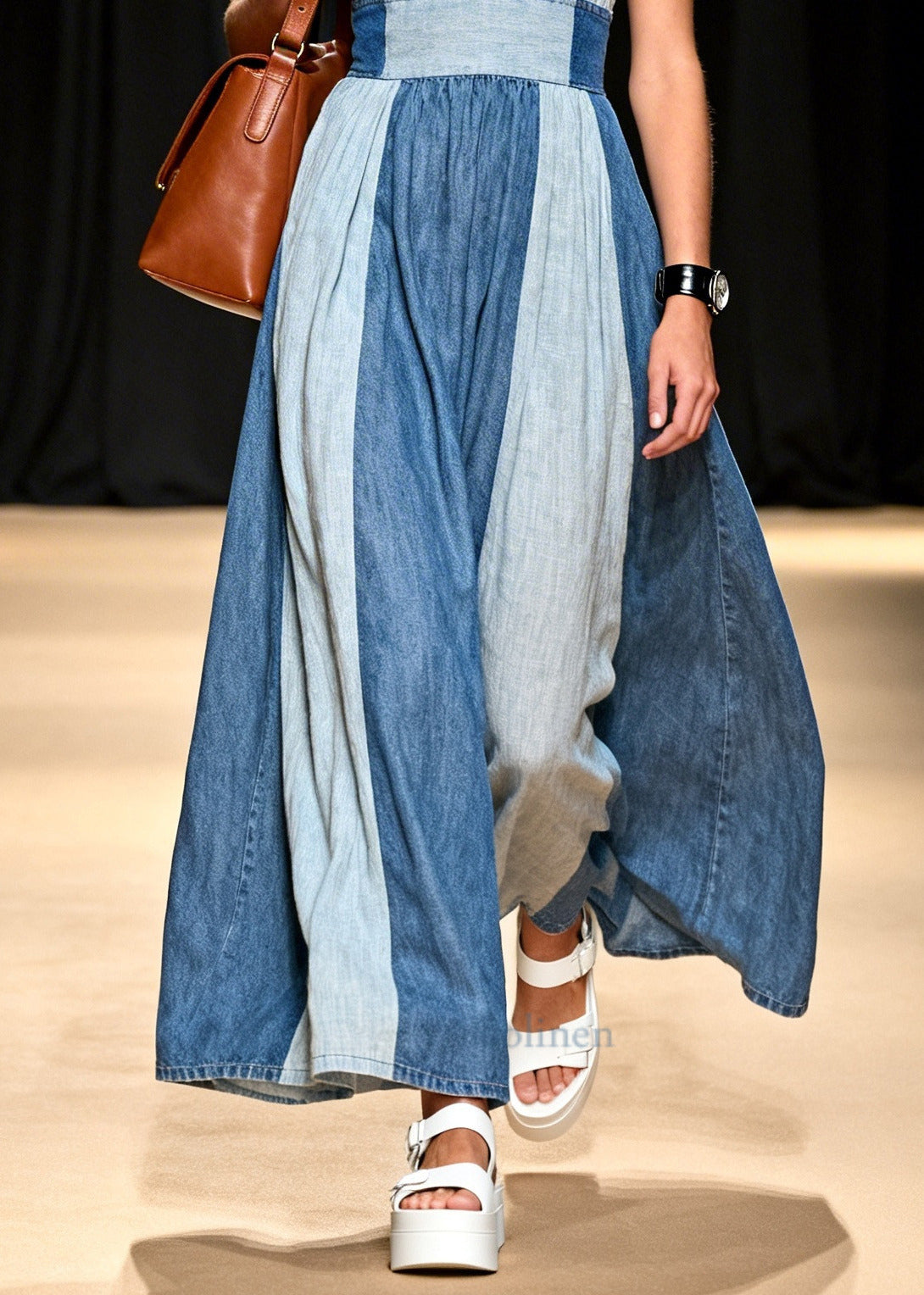 Fitted Colorblock Exra Large Hem Patchwork Denim Spaghetti Strap Dress Summer