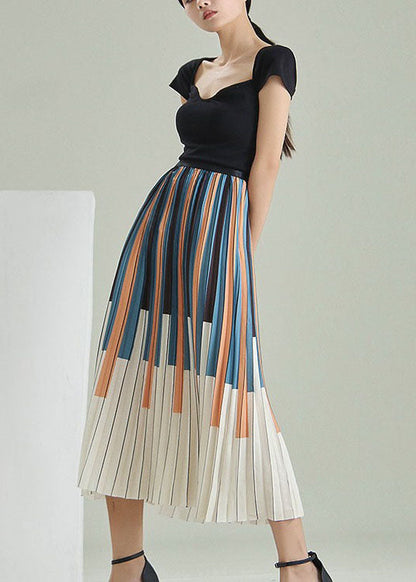 Taillierter Faltenrock mit Colorblock-Streifenmuster, Frühling