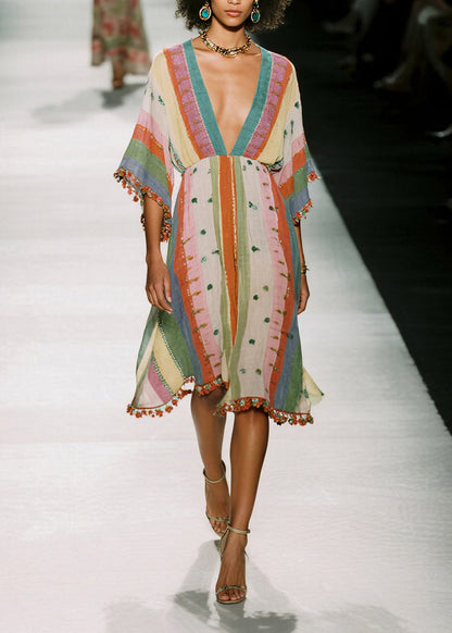 Fitted Colorblock V Neck Print Cotton Mini Dress Summer