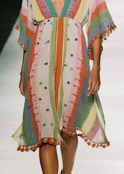 Fitted Colorblock V Neck Print Cotton Mini Dress Summer