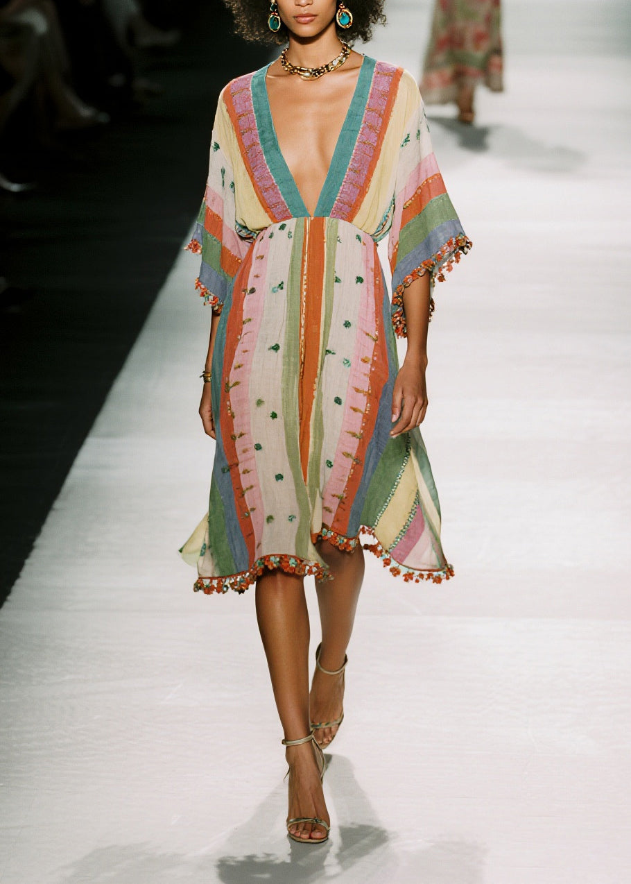 Fitted Colorblock V Neck Print Cotton Mini Dress Summer