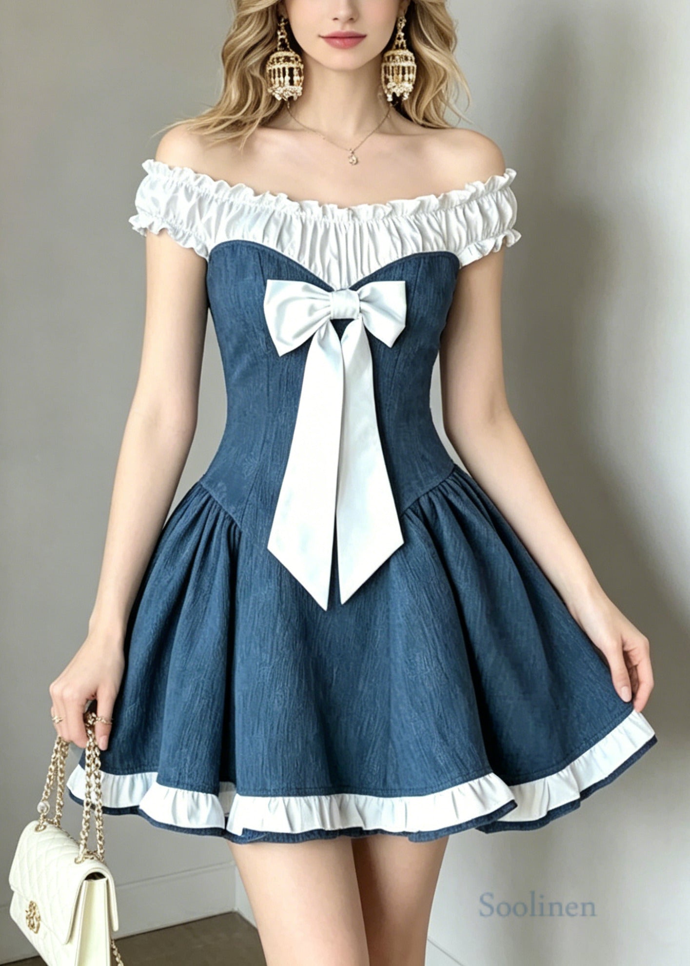 Fitted Denim Blue Cold Shoulder Patchwork Cotton Mini Dress Summer