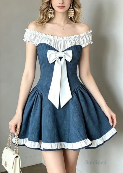 Fitted Denim Blue Cold Shoulder Patchwork Cotton Mini Dress Summer