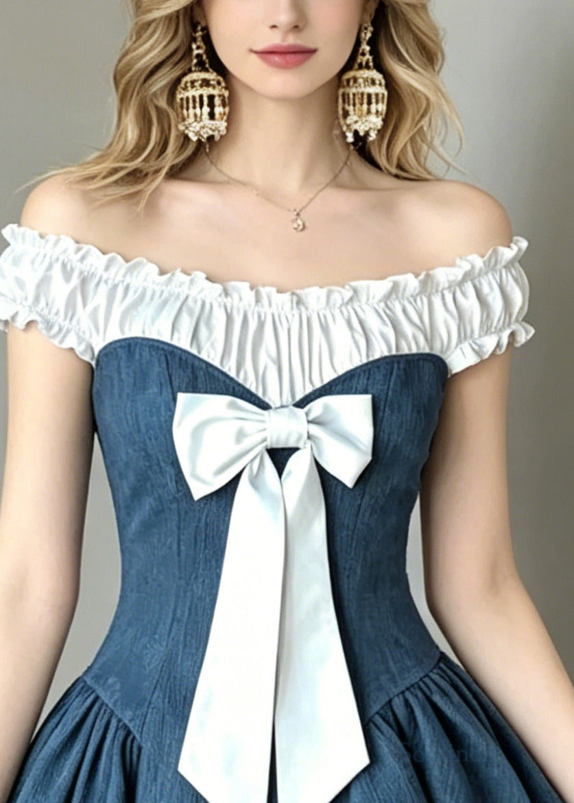 Fitted Denim Blue Cold Shoulder Patchwork Cotton Mini Dress Summer