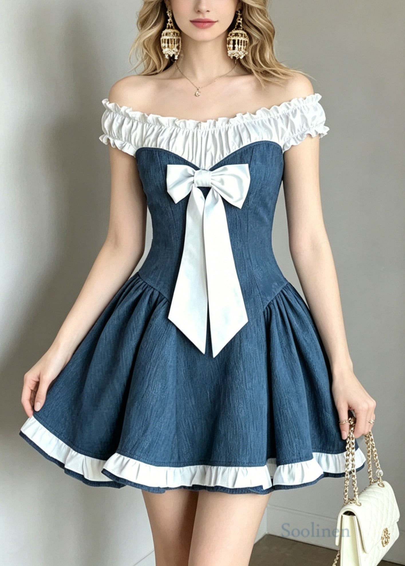 Fitted Denim Blue Cold Shoulder Patchwork Cotton Mini Dress Summer