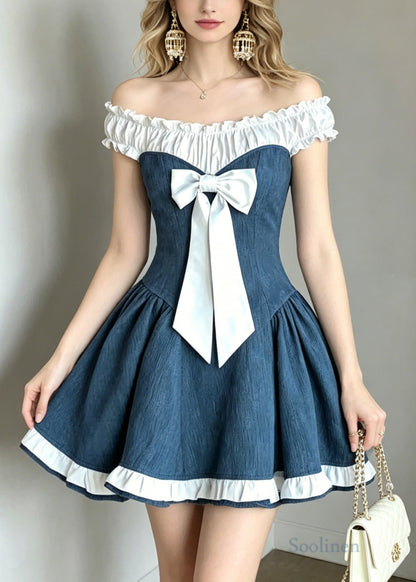 Fitted Denim Blue Cold Shoulder Patchwork Cotton Mini Dress Summer