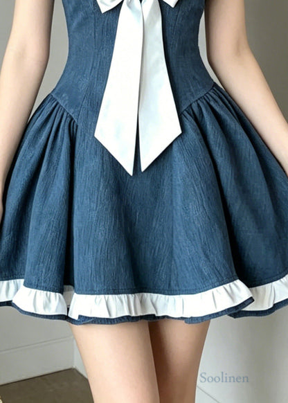 Fitted Denim Blue Cold Shoulder Patchwork Cotton Mini Dress Summer