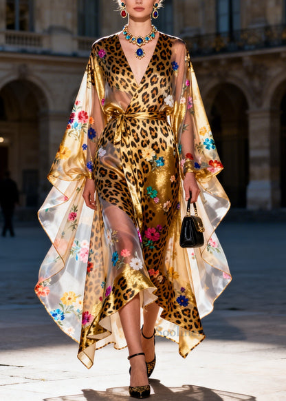 Fitted Golden Print Asymmetrical Design Chiffon Dress Batwing Sleeve