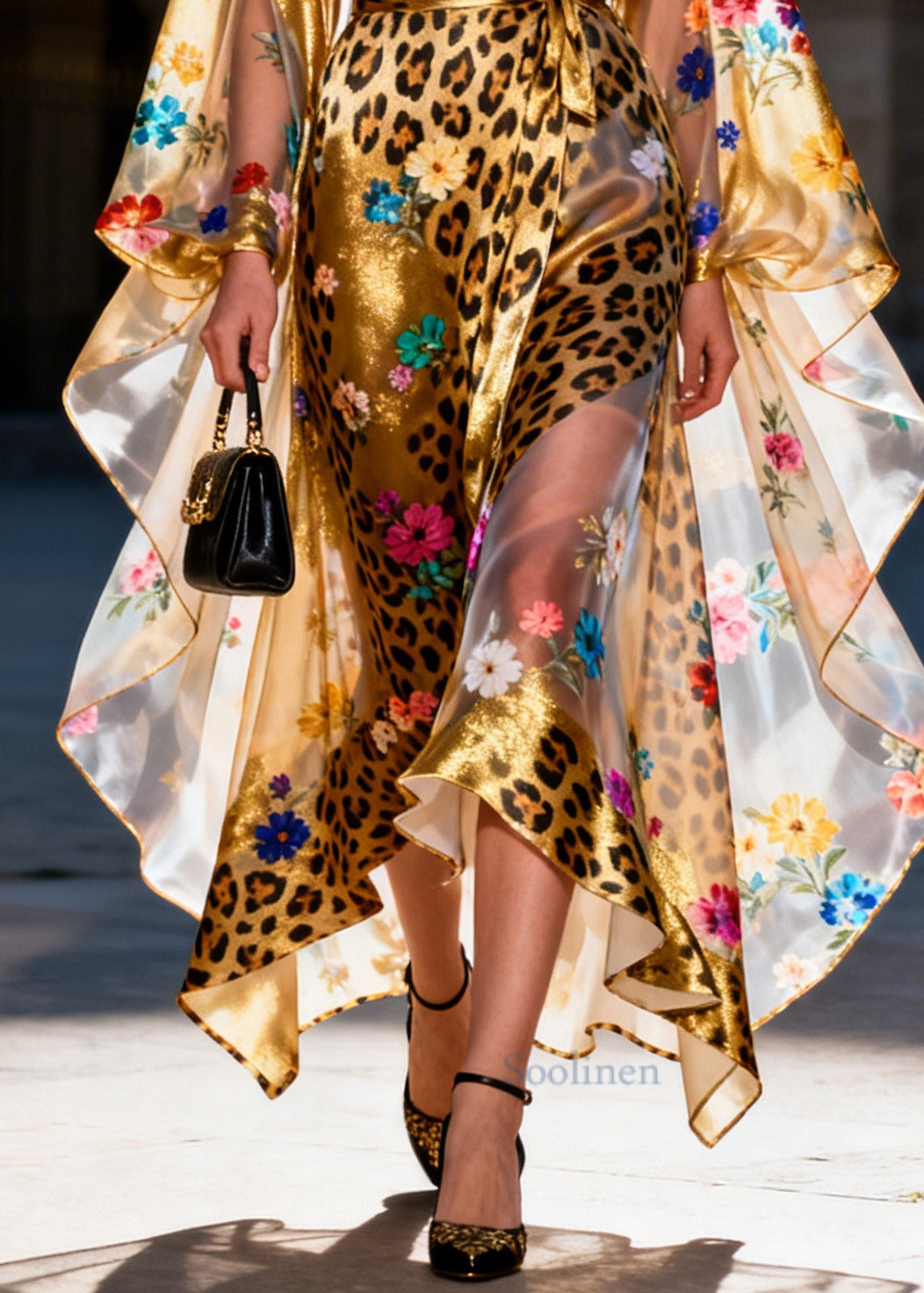 Fitted Golden Print Asymmetrical Design Chiffon Dress Batwing Sleeve