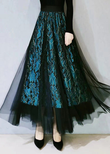 Figurbetonter grüner Spitzentüllrock mit hoher Taille und ausgehöhlter Spitze in A-Linie