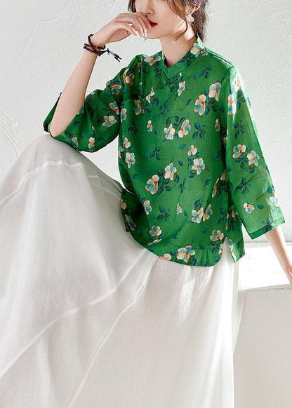 Fitted Green Oriental Print Button Summer Ramie Top - SooLinen