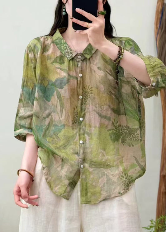 Fitted Green Oversized Print Linen Shirt Tops Half Sleeve
