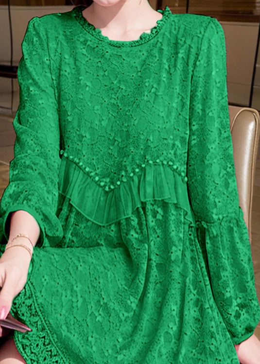 Fitted Green Ruffled Embroidered Patchwork Cotton Dress Spring