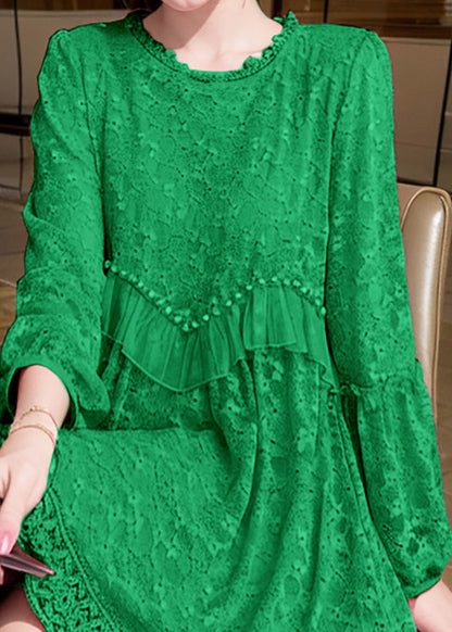 Fitted Green Ruffled Embroidered Patchwork Cotton Dress Spring