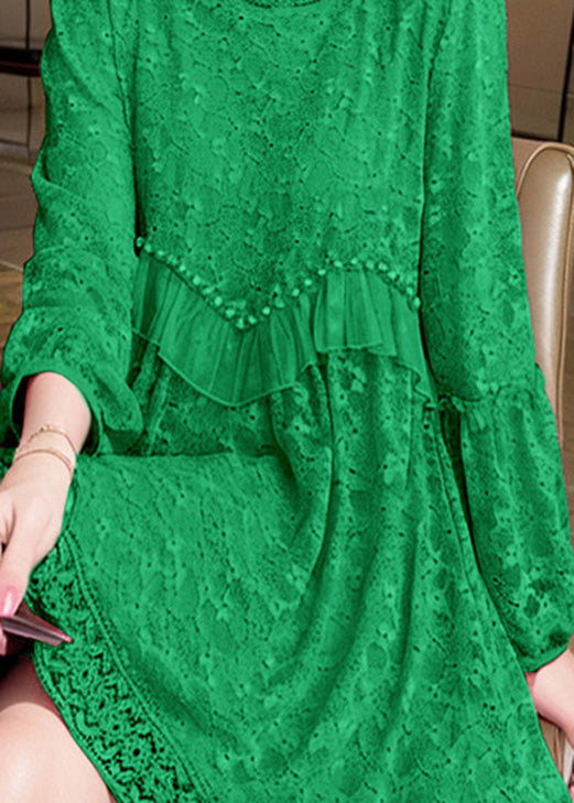 Fitted Green Ruffled Embroidered Patchwork Cotton Dress Spring