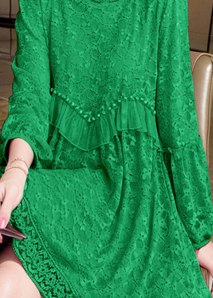 Fitted Green Ruffled Embroidered Patchwork Cotton Dress Spring