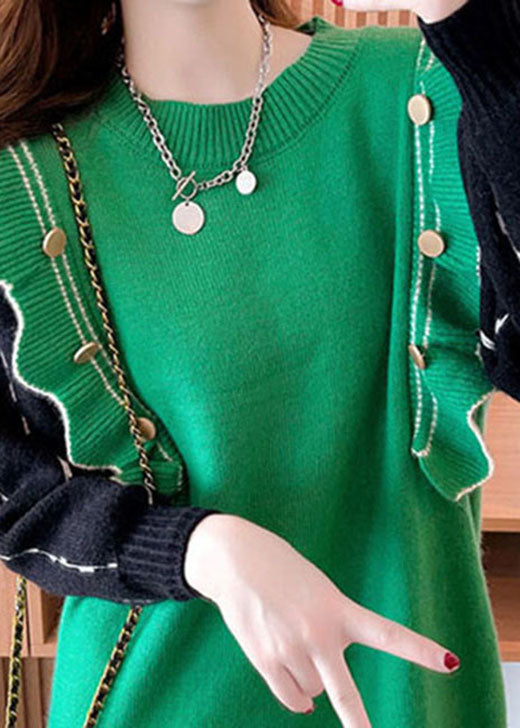 Tailliertes grünes, gerüschtes Kaschmir-Langstrickkleid für den Winter