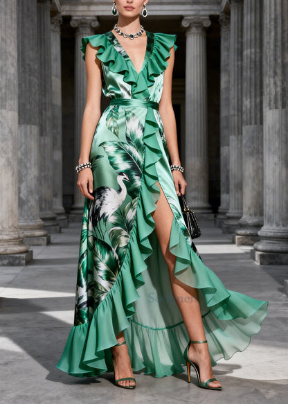 Fitted Green Ruffled Print Side Open Chiffon Party Dress Sleeveless