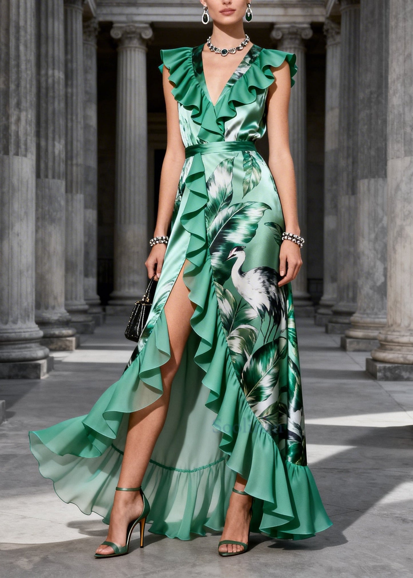Fitted Green Ruffled Print Side Open Chiffon Party Dress Sleeveless