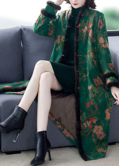 Taillierter grüner Stehkragen-Print Nerzhaar Feine Baumwolle gefüllte Mäntel Winter