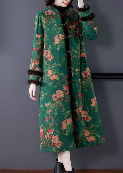 Taillierter grüner Stehkragen-Print Nerzhaar Feine Baumwolle gefüllte Mäntel Winter