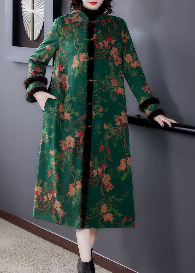 Taillierter grüner Stehkragen-Print Nerzhaar Feine Baumwolle gefüllte Mäntel Winter