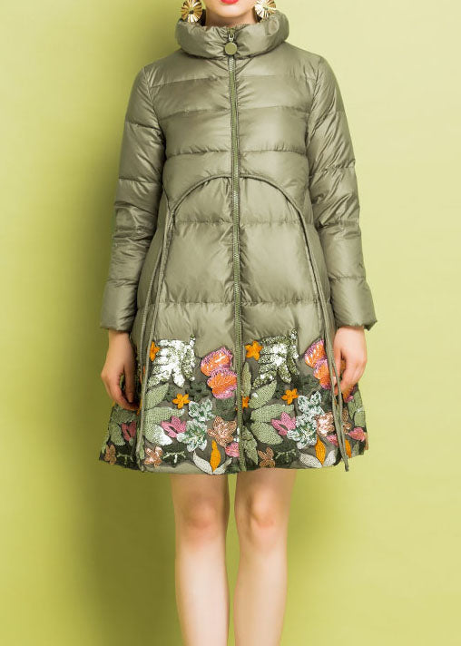 Taillierte graugrüne Pailletten bestickte Entendaunenjacke Winter