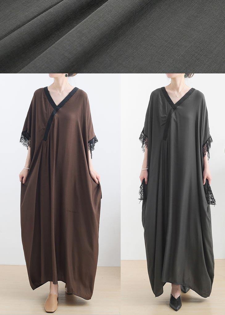 Fitted Grey Green V Neck Batwing Sleeve Vacation Dresses Summer Chiffon Dress - SooLinen