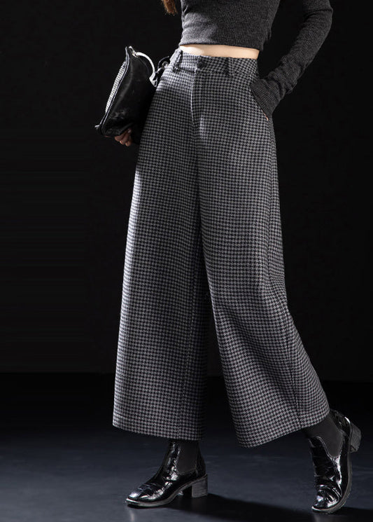 Fitted Grey Plaid Warm Fleece Wide Leg Pants Winter