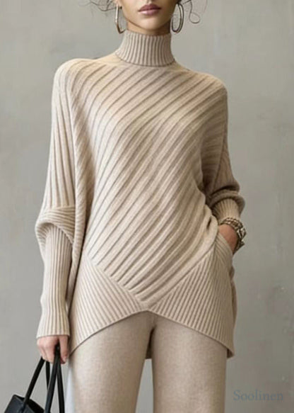 Fitted Khaki High Neck Asymmetrical Design Knit Two Pieces Set Spring