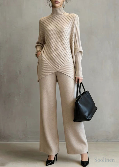 Fitted Khaki High Neck Asymmetrical Design Knit Two Pieces Set Spring