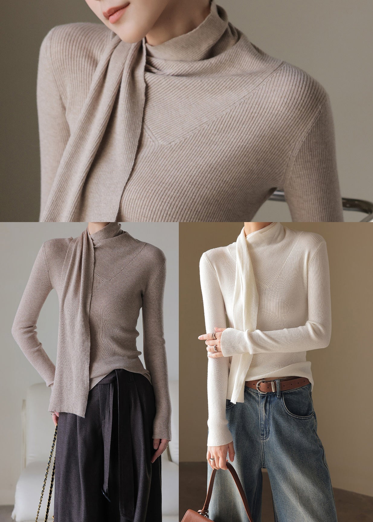 Fitted Khaki High Neck With Scarf Knit Top Fall
