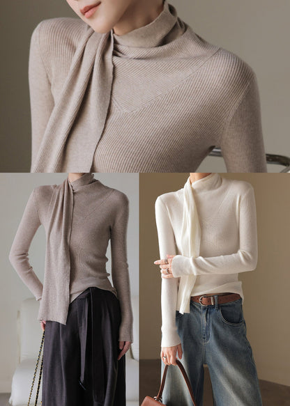 Fitted Khaki High Neck With Scarf Knit Top Fall