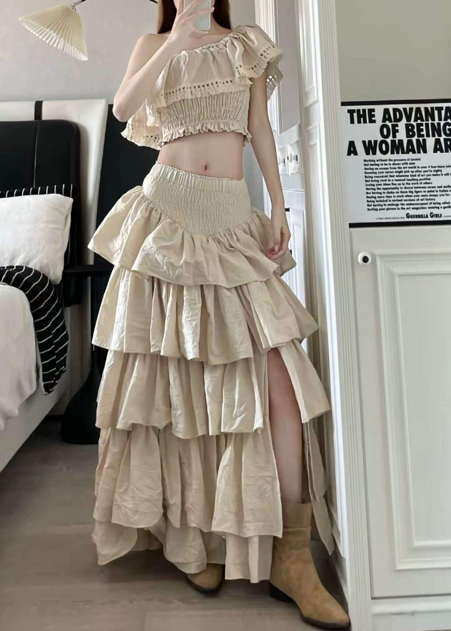 Fitted Khaki Layered Ruffled Lace Up Cotton Three Piece Set Outfits Summer