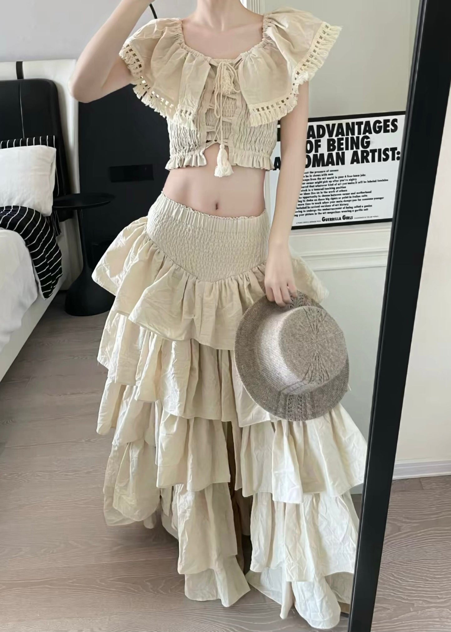 Fitted Khaki Layered Ruffled Lace Up Cotton Three Piece Set Outfits Summer