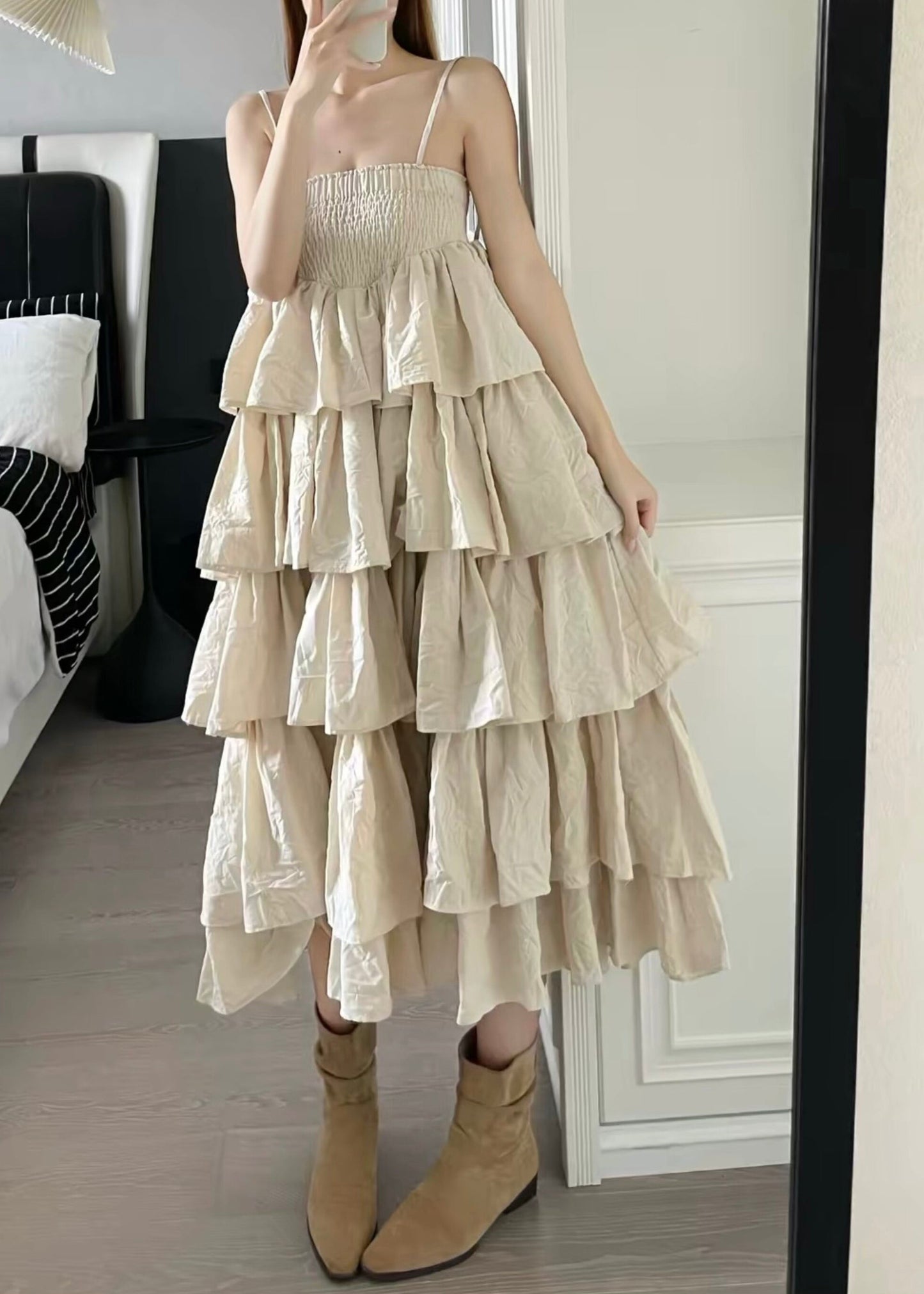 Fitted Khaki Layered Ruffled Lace Up Cotton Three Piece Set Outfits Summer