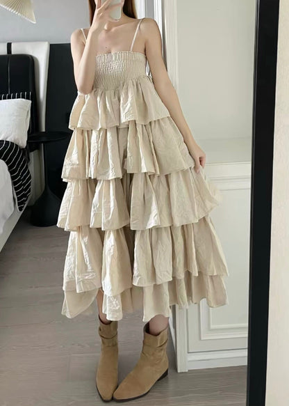 Fitted Khaki Layered Ruffled Lace Up Cotton Three Piece Set Outfits Summer