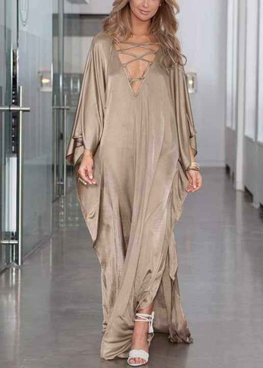 Fitted Khaki Oversized Side Open Silk Holiday Dress Batwing Sleeve
