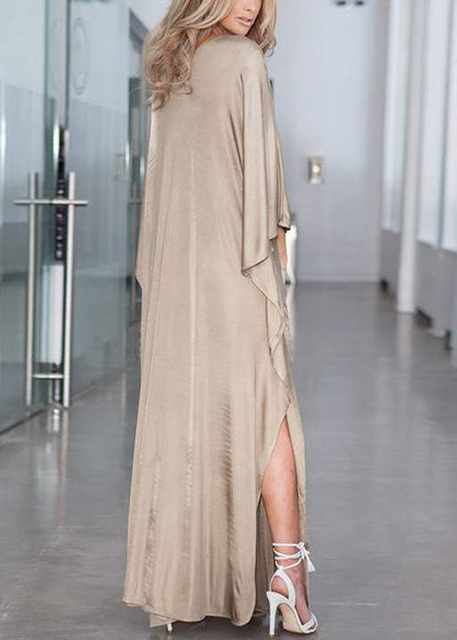 Fitted Khaki Oversized Side Open Silk Holiday Dress Batwing Sleeve