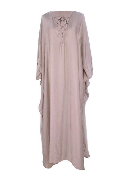 Fitted Khaki Oversized Side Open Silk Holiday Dress Batwing Sleeve